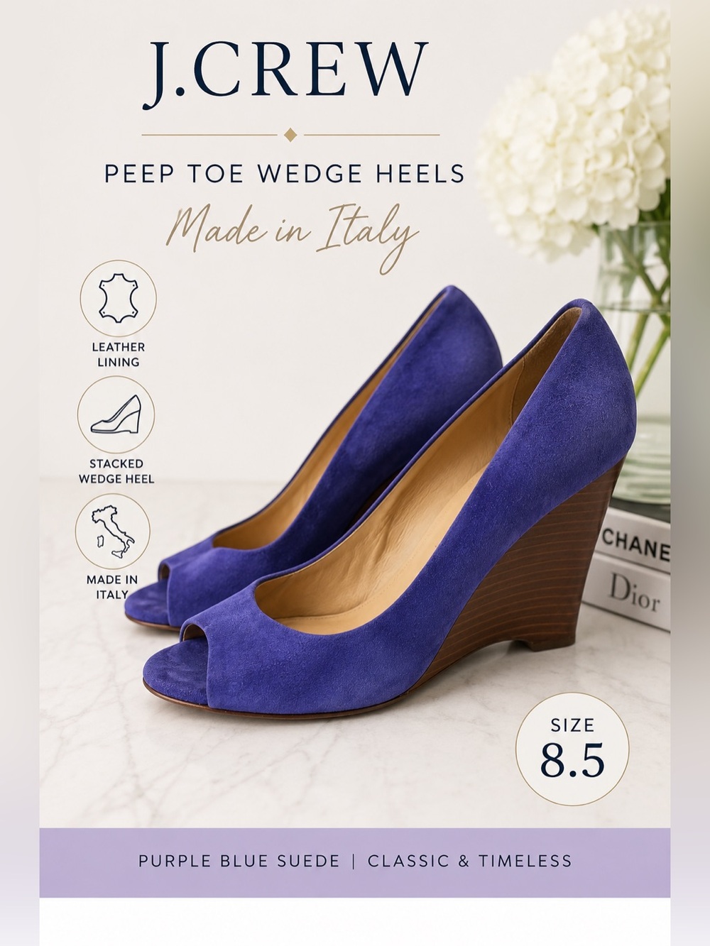 J. Crew Purple Blue Suede Peep Toe Wedge Heels Made in Italy Size 8.5